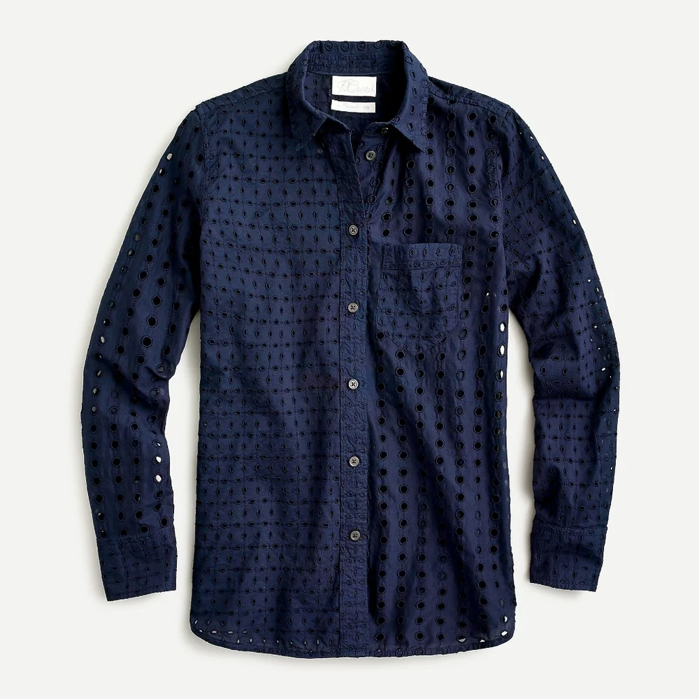 New! J. Crew sz 8 Classic Fit Eyelet Button Up Navy Blue Shirt Top NWT